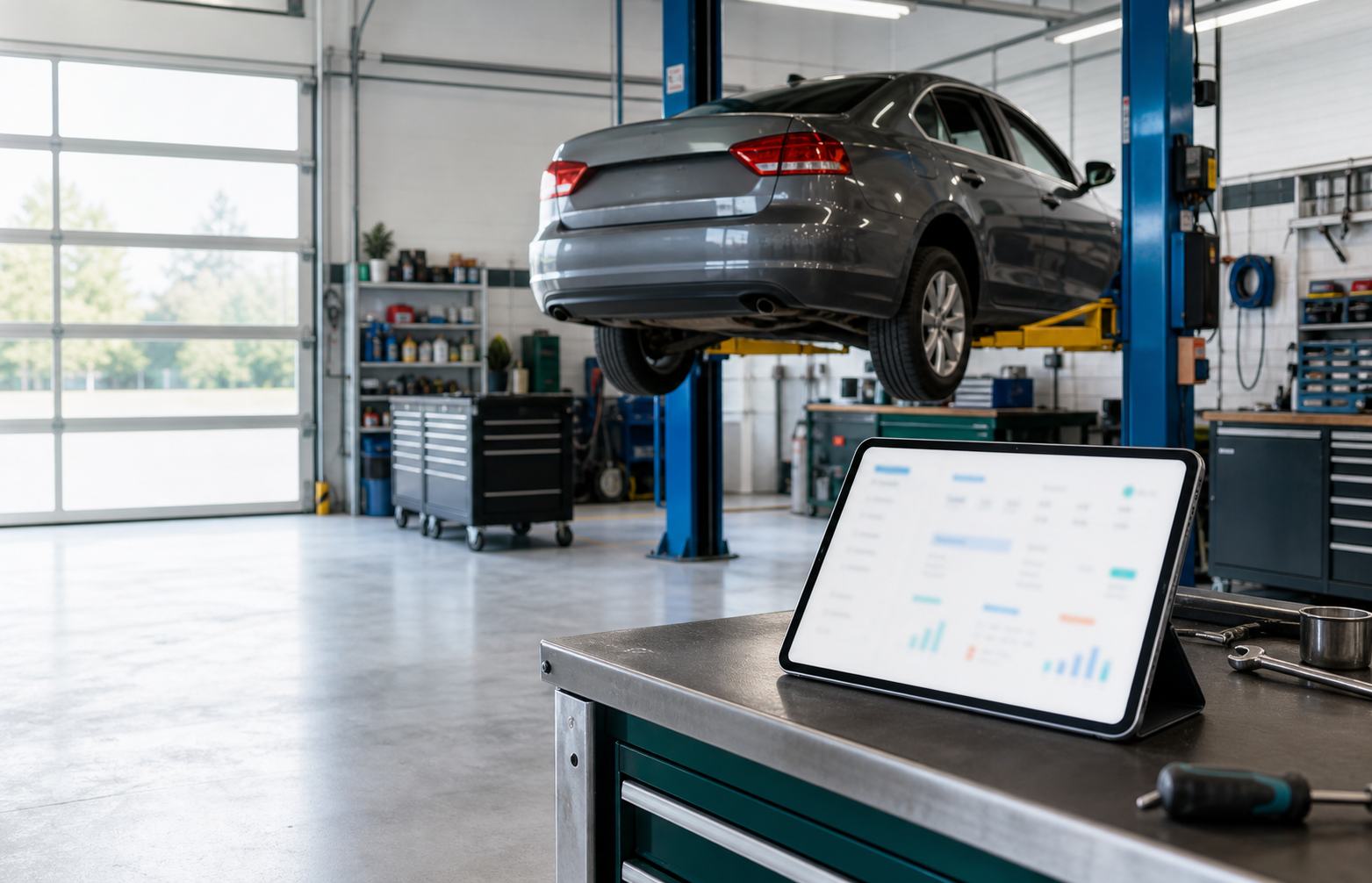 A clean vehicle repair workshop with a car on a lift and a tablet on a workbench.